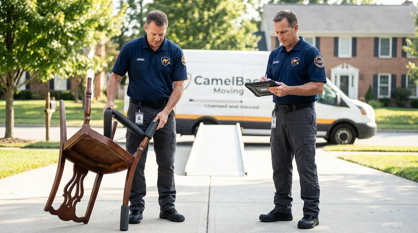 Movers inspecting furniture for damage prevention before loading in Narragansett, RI
