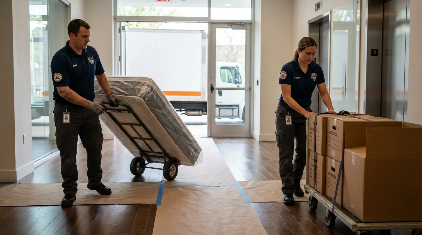 Professional apartment movers loading elevator in Narragansett, RI