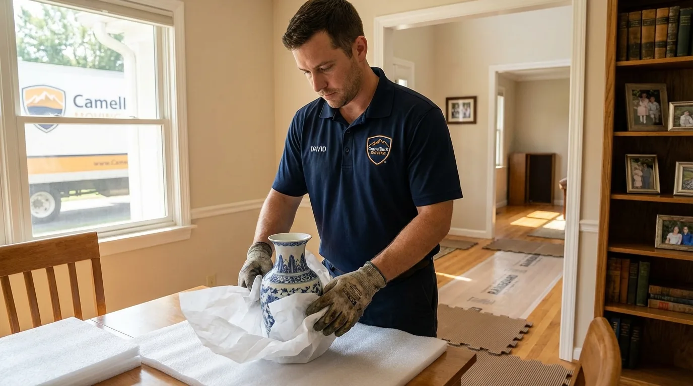 Professional crew carefully wrapping antique vase for senior downsizing move in Narragansett, RI